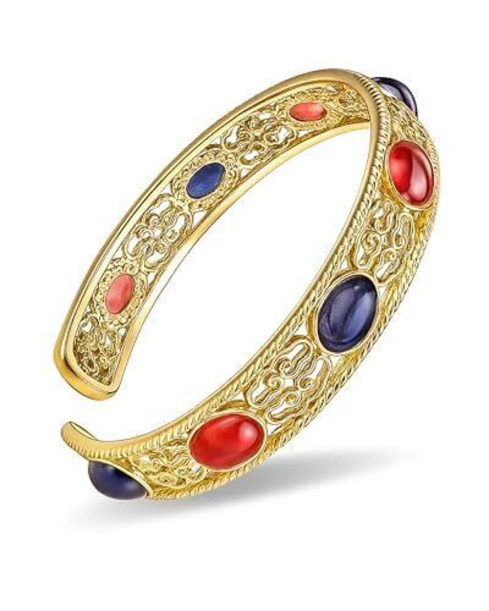 9375 Bohemian 18K Plated Gold Bracelet , Open Bangle with Blue and Pink